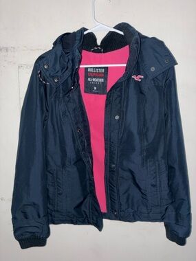 Hollister Navy Hooded Jacket Pink Lined All Weather Coat Size M